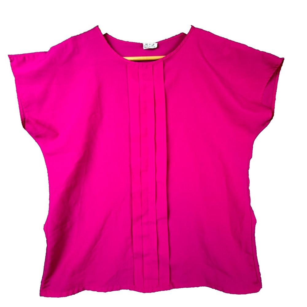 Vintage R & J Blouse Womens Medium Hot Pink Shell Pleated Dopamine Office Siren